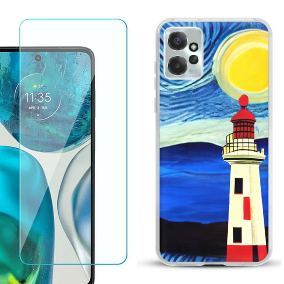 OneToughShield ® for Motorola Moto G Power 5G 2023 Shockproof Fashion Phone Case, with Tempered Glass Screen Protector - Starry Night Lighthouse