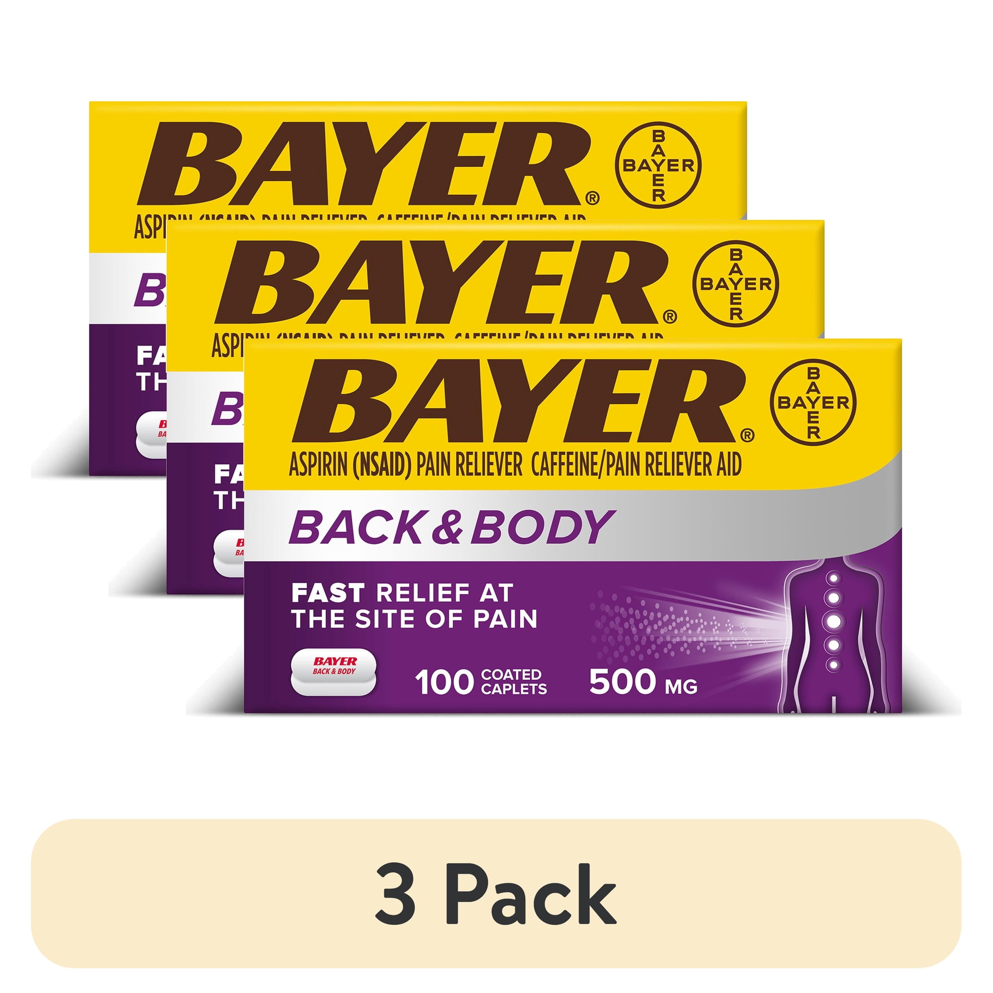 (3 pack) Bayer Back and Body Extra Strength Aspirin 500mg, Aspirin Plus 32.5 mg Caffeine Pain Reliever, Powerful Back and Body Pain Relief, 100 Coated Caplets