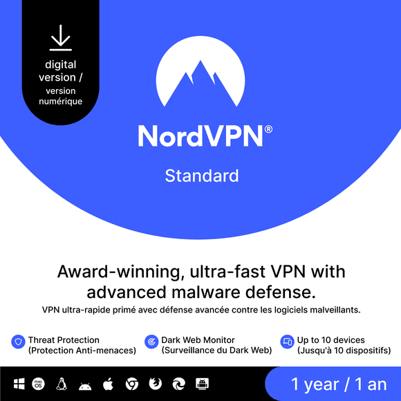 NordVPN Standard - Abonnement d'un an au logiciel VPN et de cybersécurité pour 10 appareils [Code numérique]