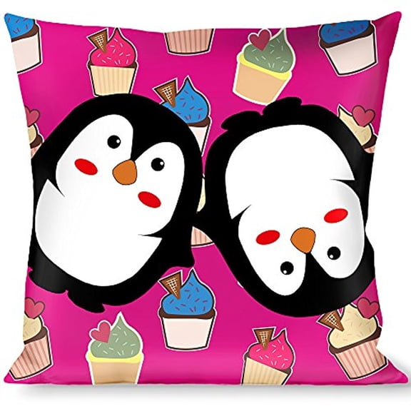 Buckle-Down Throw Pillow - Penguins w Cupcakes Fuchsia Multi Color
