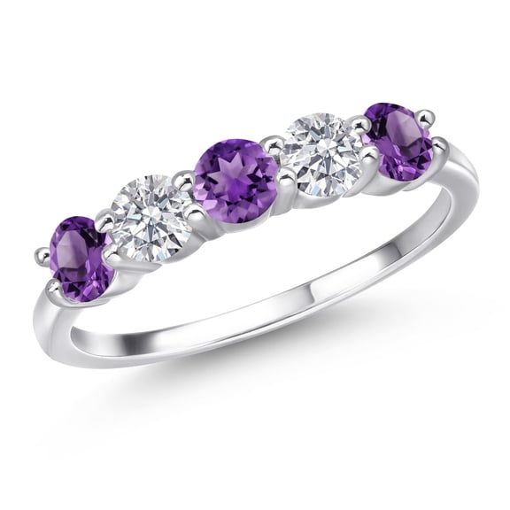 Gem Stone King 925 Sterling Silver Purple Amethyst and White Lab Grown Diamond Wedding-Bands Ring for Women | 1.29 Cttw | Round 4MM | Gemstone February Birthstone (Size 7)