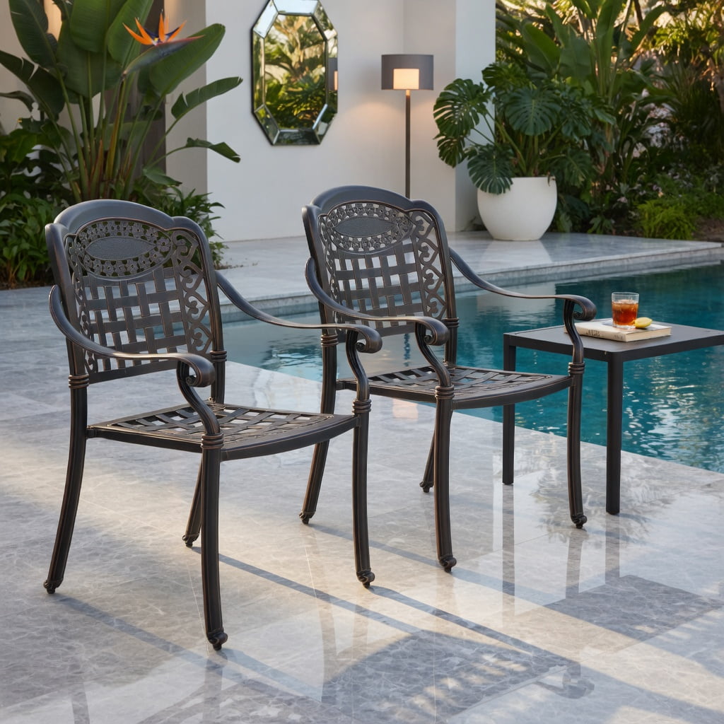 Hommoo 2-Pack Stackable Cast Aluminum Outdoor Patio Dining Chairs with Armrests, All-Weather, Indoor/Outdoor Use, Bronze