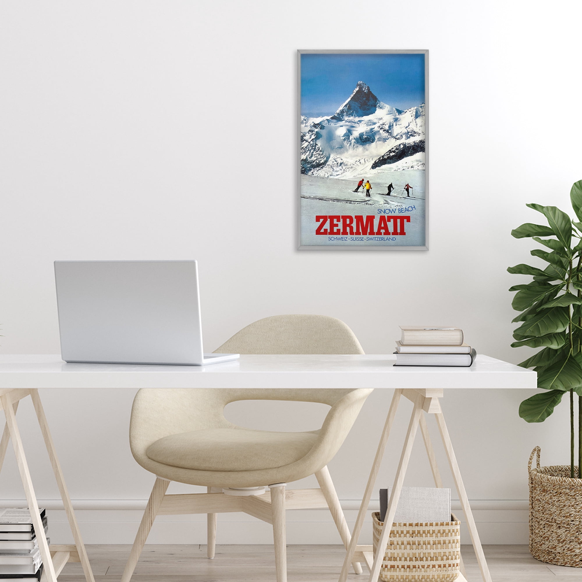 Stupell Industries Zermatt Snow Beach Gray Framed Giclee Art, design by Vintage Posters