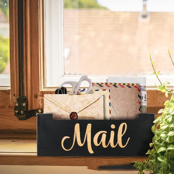 Wooden Mail Holder Storage Organizer Box Rustic Brown Wood with MAIL Script Design, Desktop Letters, Bills, Notes And Postcard Bin for Home Office Dorm Room