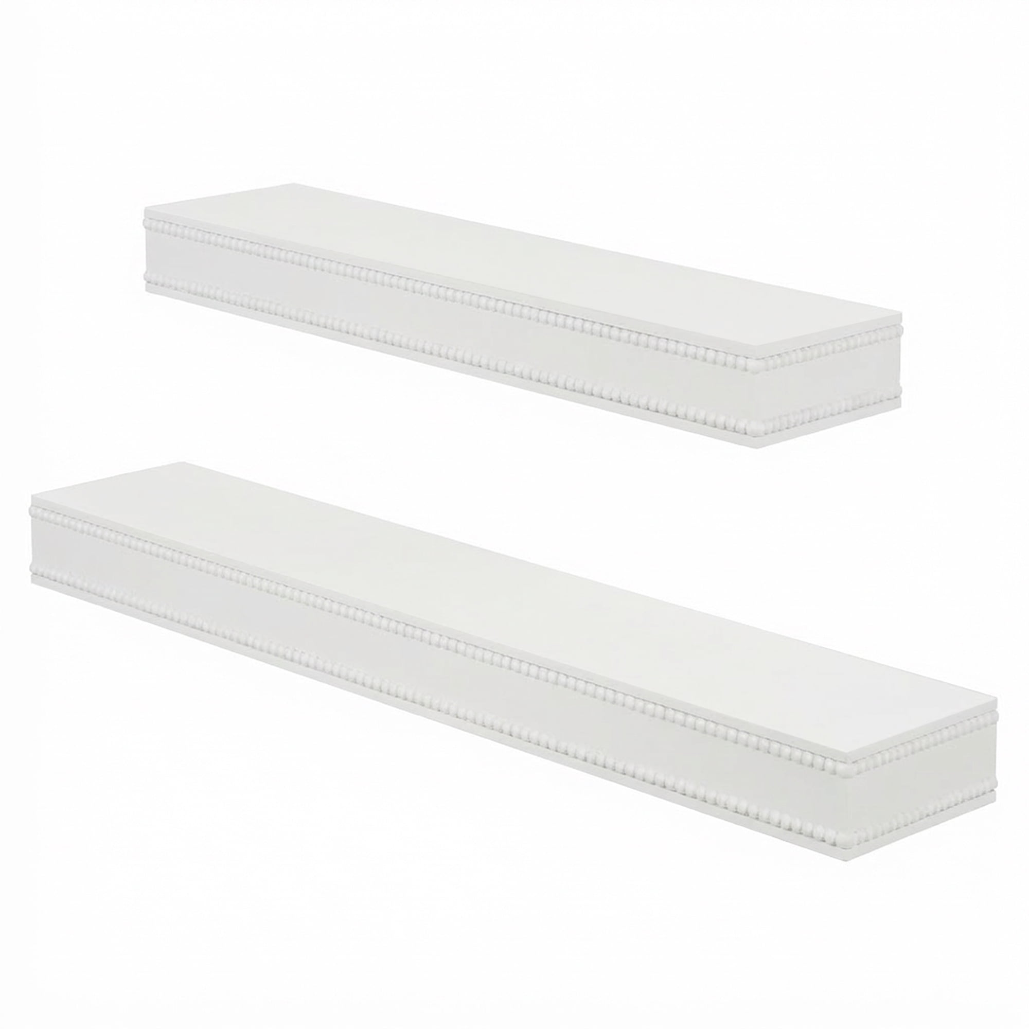 American Art Decor Beaded 2-Piece Floating Wall Shelf Set, White Shabby Chic Carved Picture Ledge Shelves with Lip, Decorative Wall Ledge for Nursery, Gallery, or Living Room Display