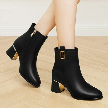 

TALKVE Fashion Women Solid Color Autumn Winter Square Heels Zipper Short Booties Inner Thin Keep Warm Round Toe Shoes