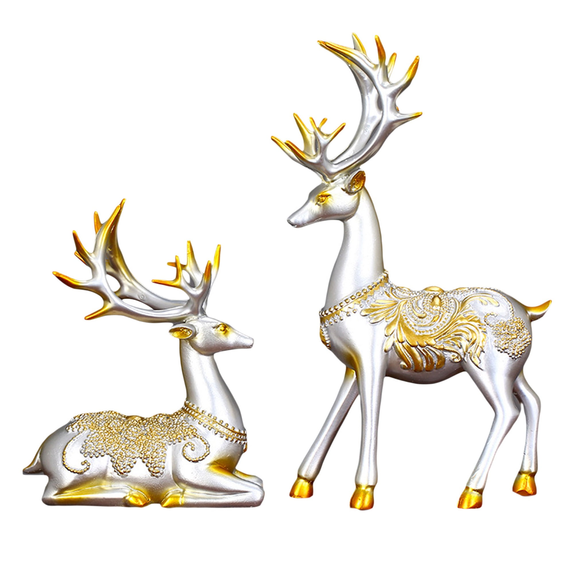 Sunisery 2 Pcs/Set Rustic Reindeer Elk Figurines, Seated and Standing Deer Christmas Decorations