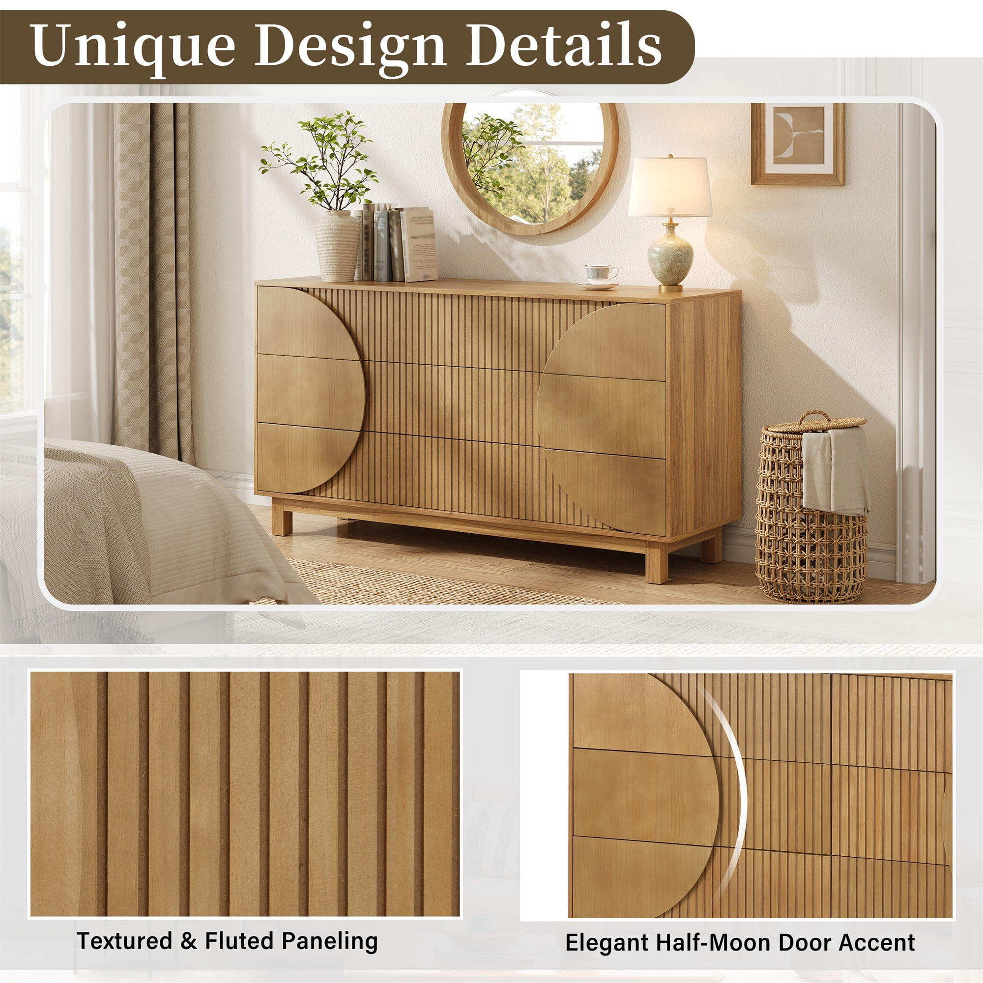 Alvantor 6 Drawer Dresser, 60" Wide Wooden Chest of Drawers with Upgraded Stable Base, Fluted Dresser for Bedroom Brown