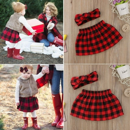 

2Pcs Christmas Newborn Baby Girls Plaid Skirt Dress Outfits Set Clothes Red