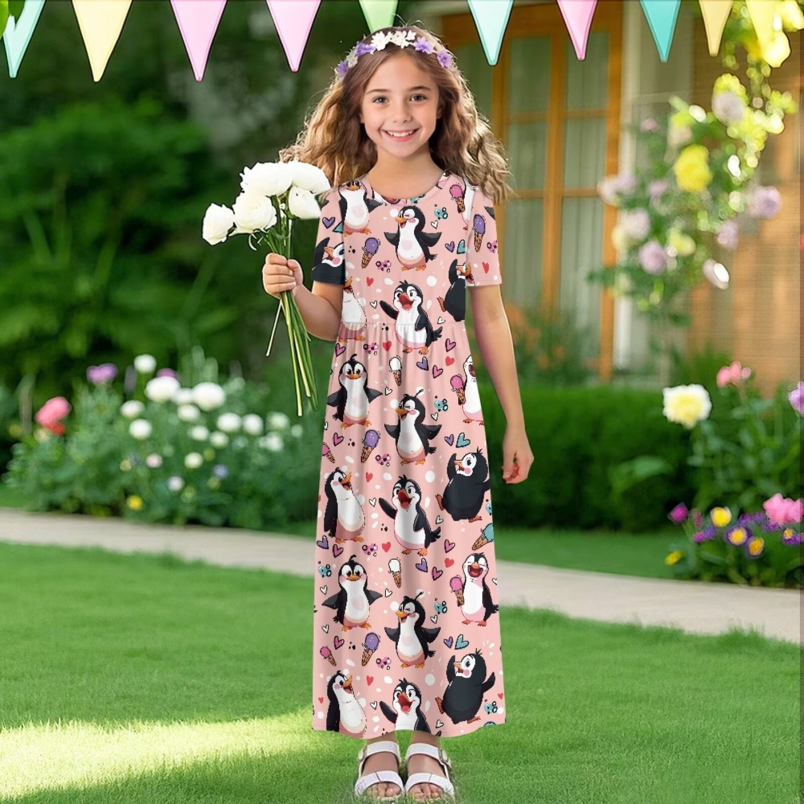 Uourmeti Girls Summer Maxi Dress Cartoon Penguin Print Short Sleeve Crew Neck Casual Loose Flowy Tiered Dresses with Pockets, Size 9-10 Years