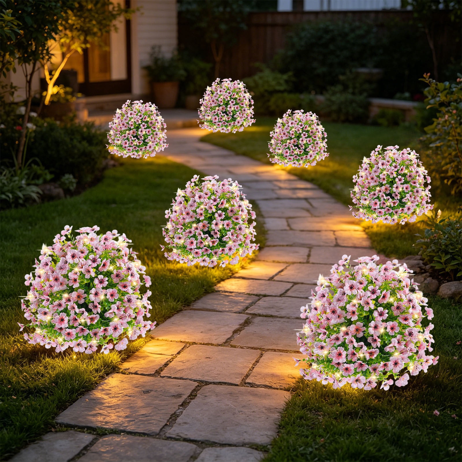 Bcylexb Artificial Flowers Ball for Outdoors, 23.6" Faux Flowers with Stake and LED Light Decorative Fake Flowers for Front Door Yard Garden Entryway Walkway Decor