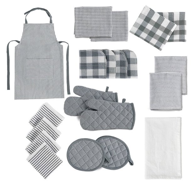 Juegos de Ropa de Cocina y Toallas de 20 Piezas - Paños de Cocina de Algodón, Juego de Manoplas y Portavasos de Cocina Resistentes Al Calor, Delantal con Bolsillo, Paños de Cocina Absorbentes para Secar la Cocina - Gris