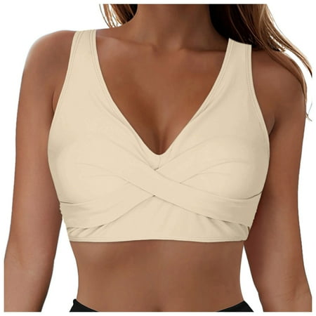 TTUHYWXI Women Underwire Full Coverage Bikini Top Only Criss Cross Push Up Swim Crop Top Tie Back Bathing Suit (Khaki  M)
