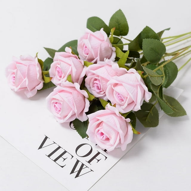 Xiao Hua Ramo de rosas artificiales de terciopelo de seda de 10 piezas con tallo largo, ideal para decoración de bodas, jardines y casas (rosa)