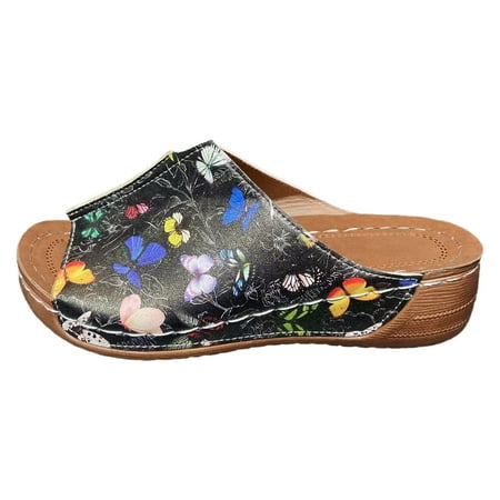 

Fandiiiii Funky Monkey Flip Flops Women Ladies Summer Butterfly Print Leather Breathable Slope Heel Thick Bottom Large Size Fish Mouth Cool Slippers