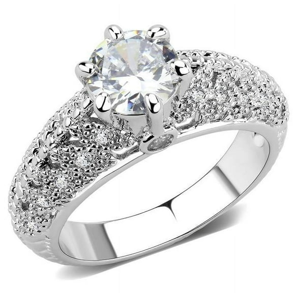 Women Rhodium Brass Ring with AAA Grade CZ in Clear - Size 6
