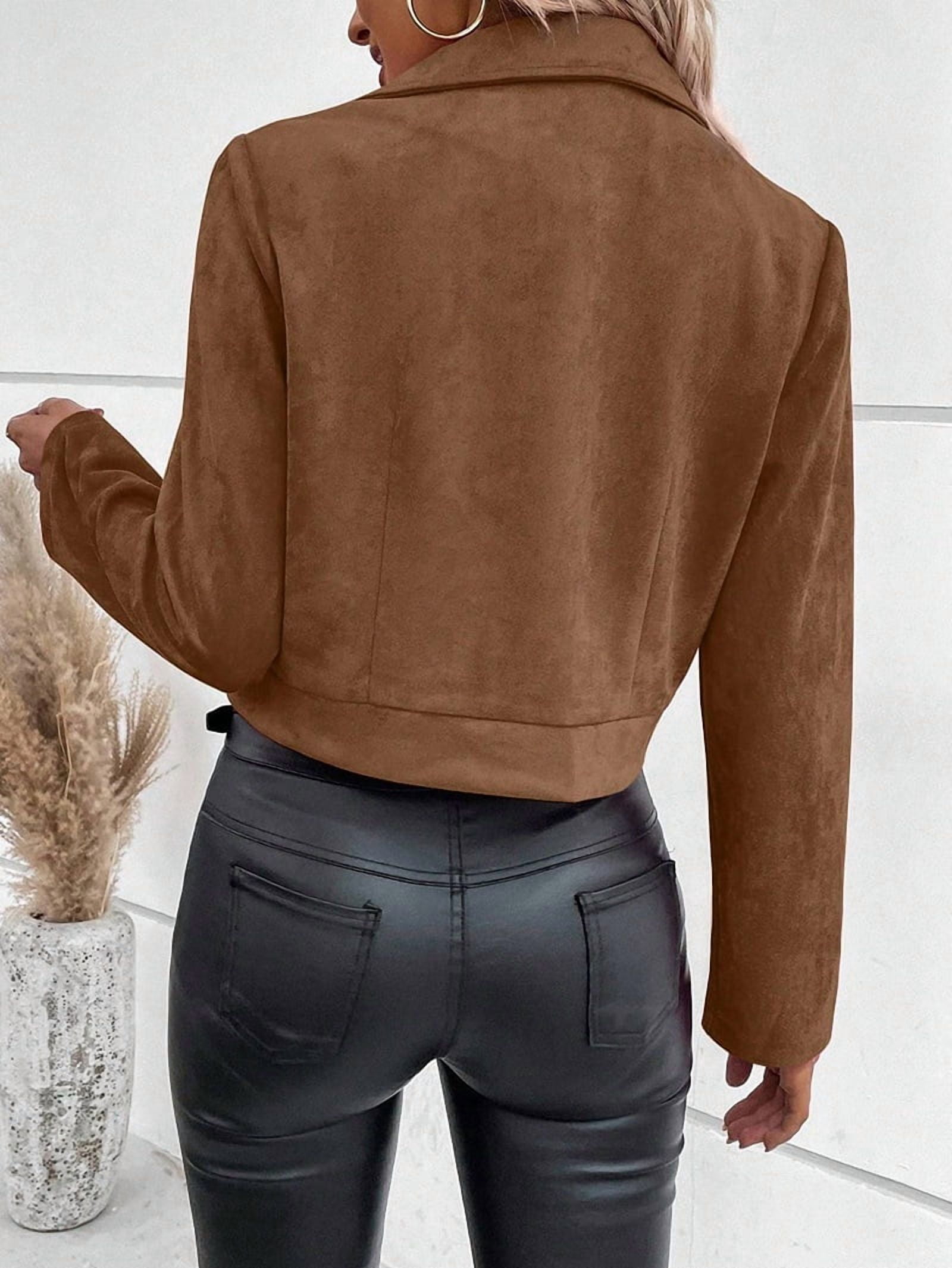 Women'S Cropped Zipper Long Sleeve Suede Faux Leather Blazer Jacket Autumn Fashion Outerwear Coffee S