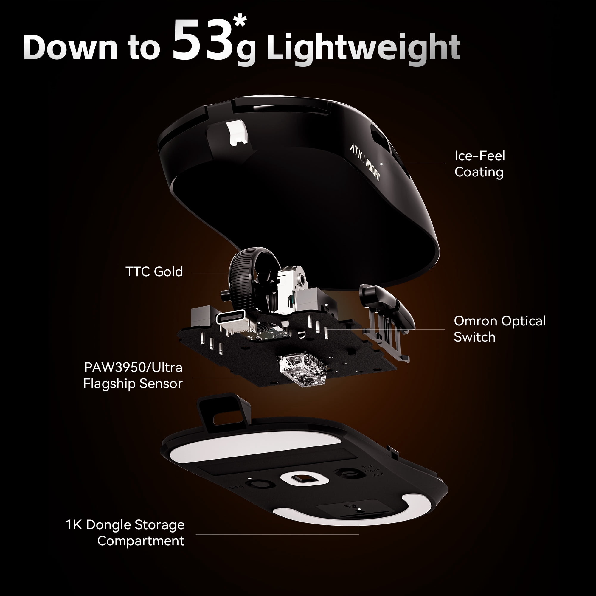 ATK Dragonfly A9 Pro Max Wireless Gaming Mouse, PAW3395 Ultra Sensor, 53g Lightweight, 200h Battery Life, Compatible with PC, Mac