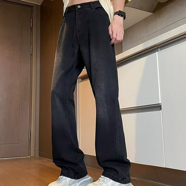 Pantalones vaqueros largos para hombre, con cremallera, lavados, elásticos, tendencia para exteriores, pantalones de pierna ancha, pantalones vaqueros para hombre, pantalones de algodón.