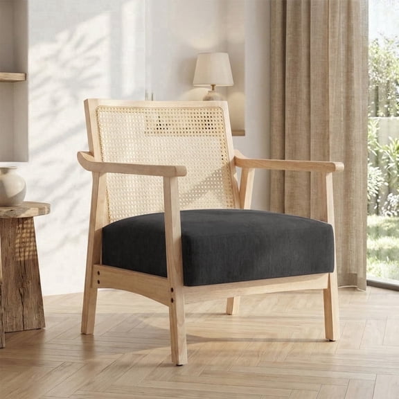 Gericco Mid-Century Rattan Accent Armchair, Chenille Upholstered Seat, Sturdy Solid Wood Frame for Living Room & Bedroom, Black