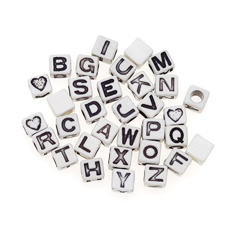 Alphabet Beads - S - Cube - White With Black Letters - 6Mm