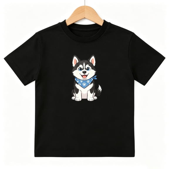 Cute Husky Dog Blue Bandana Boys Graphic Tees Pet Lover Kids T-Shirt 100% Cotton Short Sleeve Tops Ages 4-13Y
