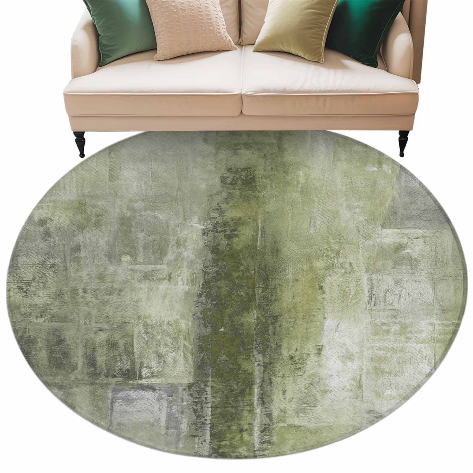 Sage Green Round Area Rug 5 FT, Non Slip Bedroom Area Rug, Retro Oil Painting Modern Abstract Art Aesthetics Washable Soft Circular Carpet Floor Mat for Kitchen Dining Room Foyer Balcony Dorm