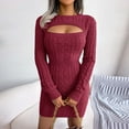 thumbnail image 2 of Solid Color Knit Short Dress for Women O-Neck Long Sleeve Pencil Dress Hollow Out Slim-Fit Sweater Mini Dress, 2 of 8