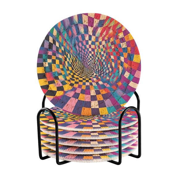 Yayeee 6 PCS Drink Coasters with Holder Set Woven Absorbent Round Tabletop Hot Pad, Colorful Wavy Plaid