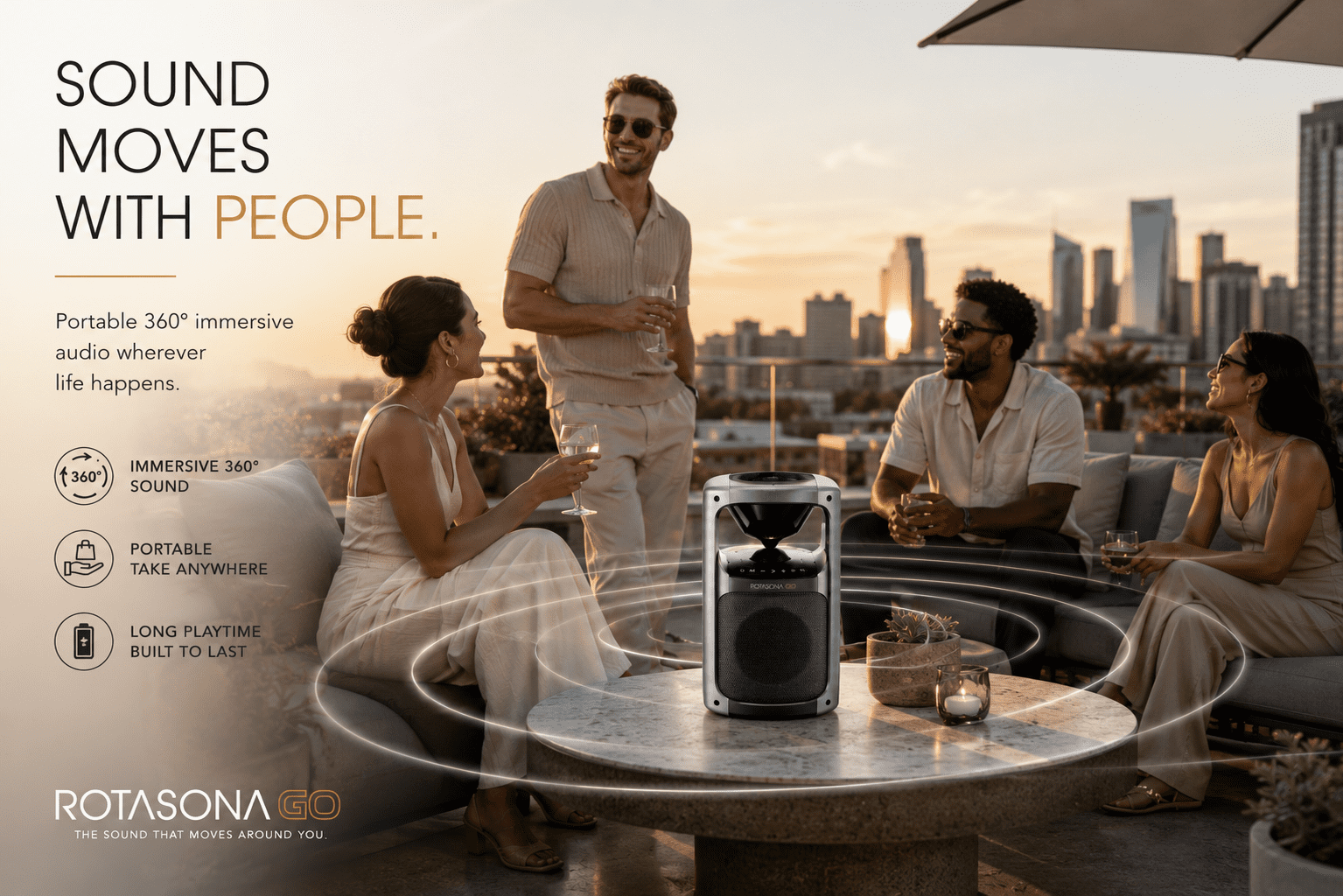 Rotasona Go Portable Bluetooth Party Speaker with RGB Lights, 360 Sound, Deep Bass, USB Playback, IPX4 Water Resistant, Black