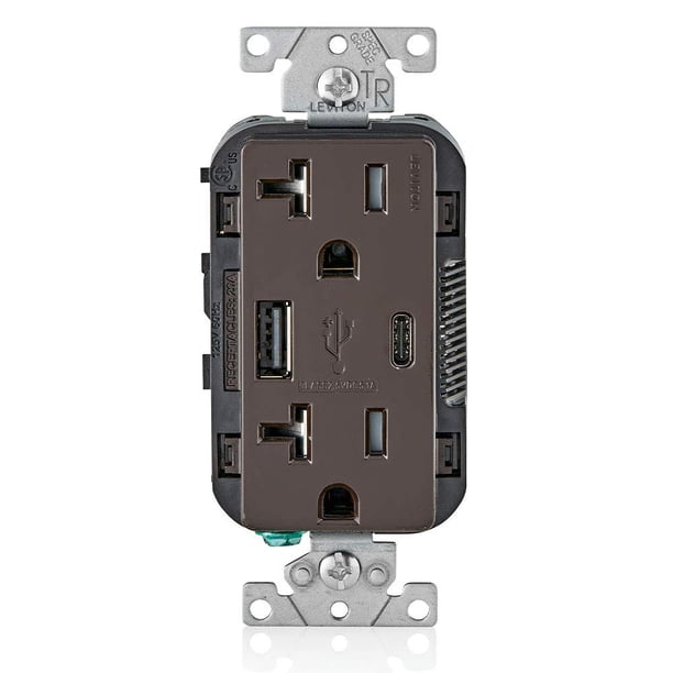 Enchufe de pared Leviton de 20 A a prueba de manipulaciones con USB-A&C