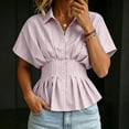 thumbnail image 5 of Women's Striped Blouse Peplum Hem Dressy Shirt Collared Short Sleeve Button Down Waist Fitted Business Casual Tops office Outfit Pink, 5 of 5