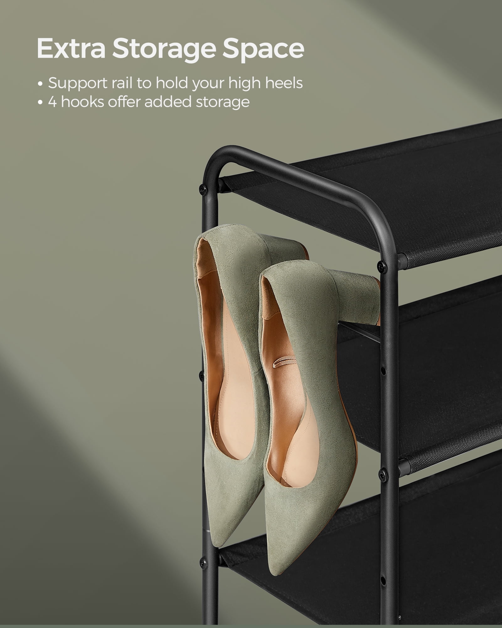 Shoe Rack, 3 Tier Shoe Organizer, Fabric Shoe Shelf Storage with 4 Hooks, Holds up to 18 Pairs of Shoes, Height-Adjustable Shoe Rack for Entryway, Hallway, Closet, Easy Assembly, Ink Black