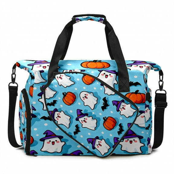 Large Gym Bag with Shoe Compartment, Water-Resistant Duffle Bag for Men and Women, Light Blue Halloween Ghosts Pumpkins Sports Tote for Workout Travel