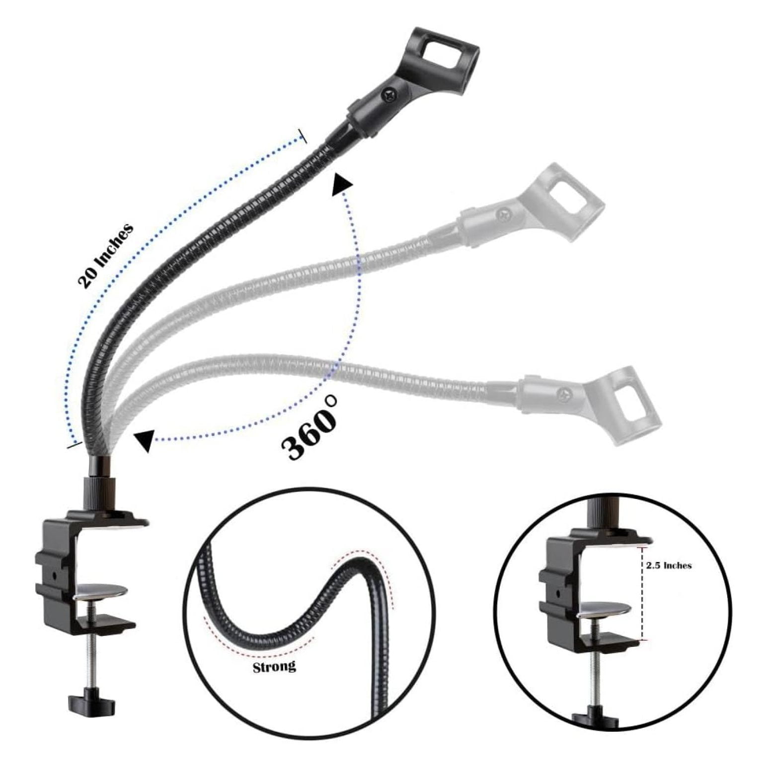 Microphone Arm Stand Long 20'' Sturdy Gooseneck Mic Stand Adjustable Microphone Arm Stand with Clamp - Flexible Mike Stand Podium Compact Mic Arm for Desk Traveling (Black)