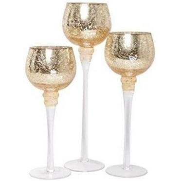 Hosley Set of 3, Crackle Gold Glass Tealight Holders 9 Inches 10 Inches and 12 Inches High