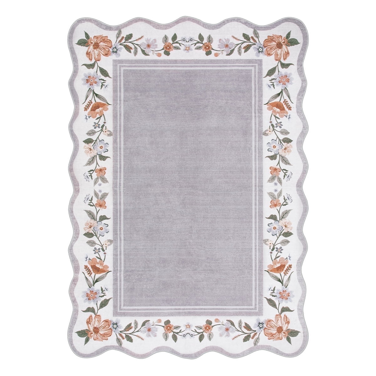 Lahome 2'x3' Grey Boho Floral Washable Small Rug,Ultra-Thin Scalloped Rug, Non-Slip & Stain Resistant,Soft Low-Pile Mat for Kitchen, Bathroom, Bedroom Front Door Indoor Entrance (2x3ft,Grey)