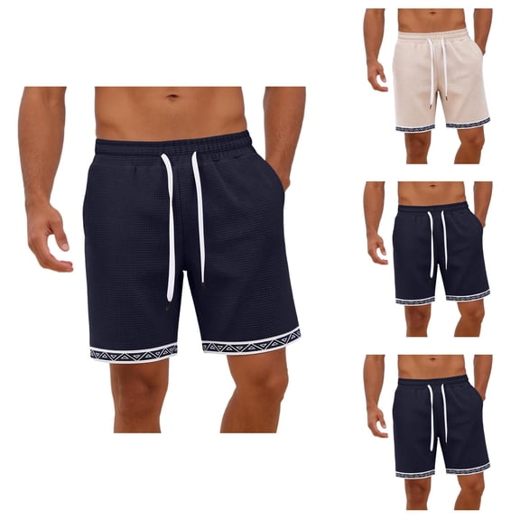Mens Shorts Summer Casual Waffle Knit Elastic Waist Wide Straight Leg Relaxed Fit Beach Shorts with Pockets
