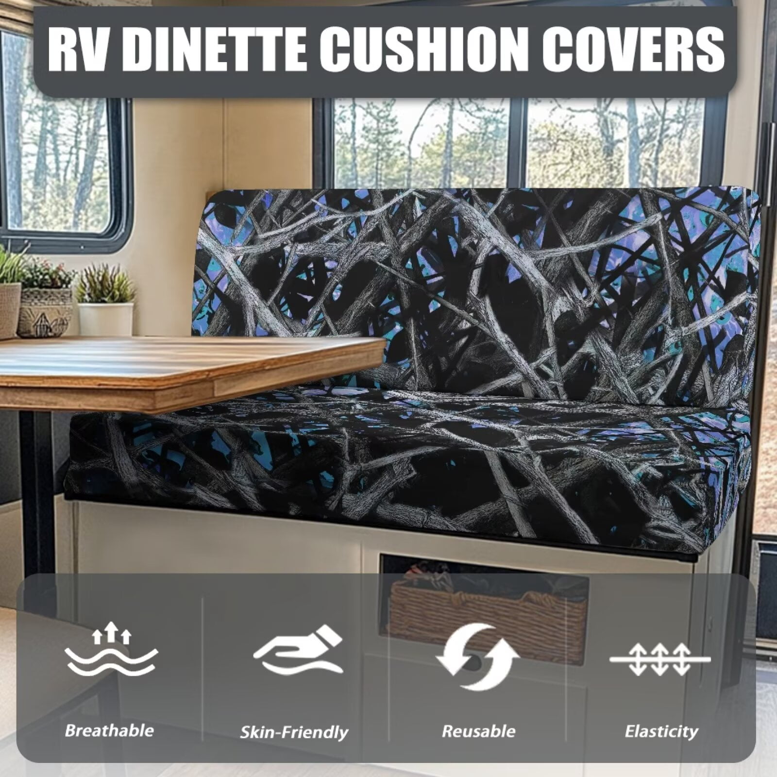 Psesaysky RV Dinette Seat Covers with Elastic Edge Non Slip Washable Blue Camo Hunting Forest Camper Couch Covers for Sofa Universal Fit for Travel Trailer RV Cushion Slipcovers