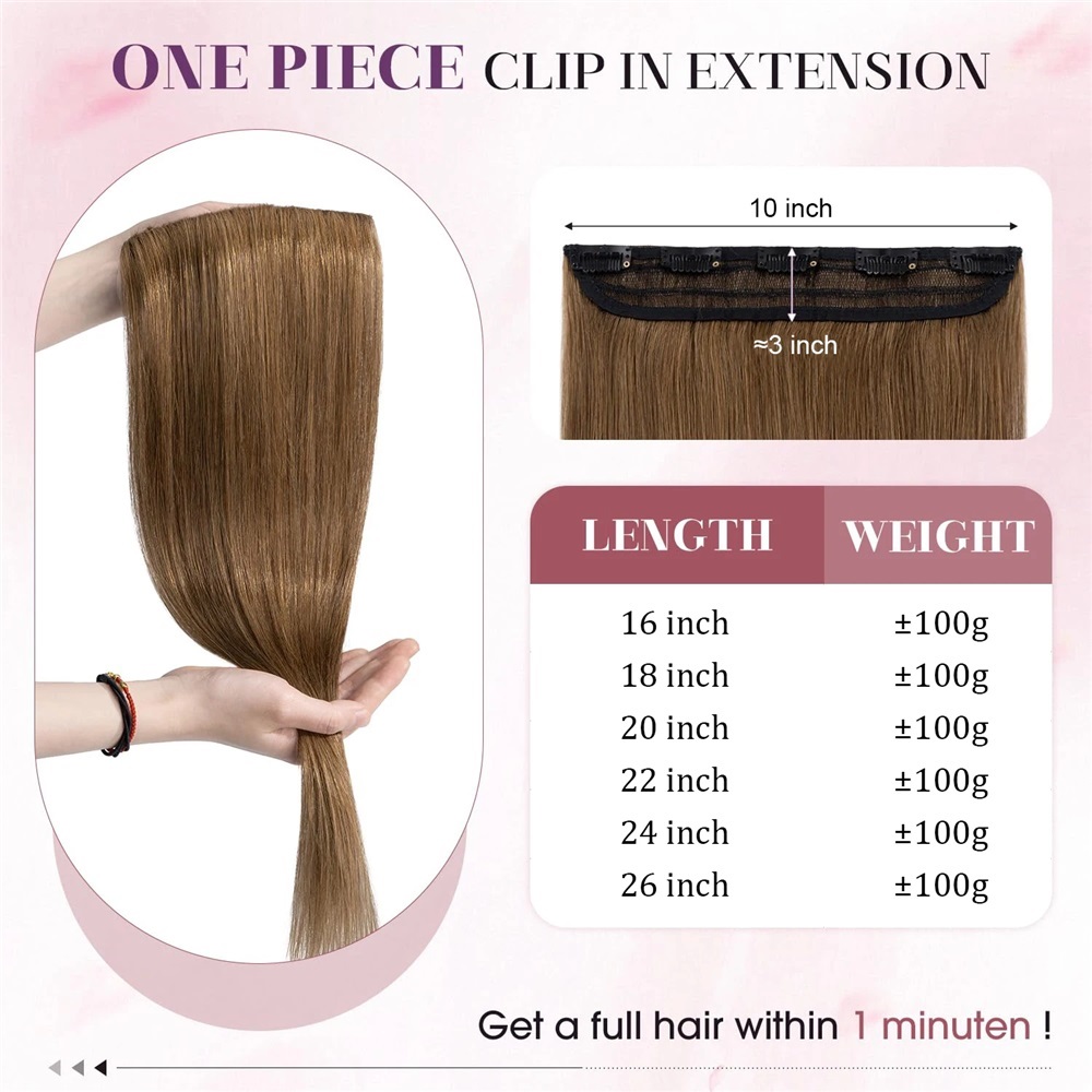 One-Piece Full Head Clip In Human Hair Extensions Light Brown Straight 1 Piece 5 Clips 100G/Pc