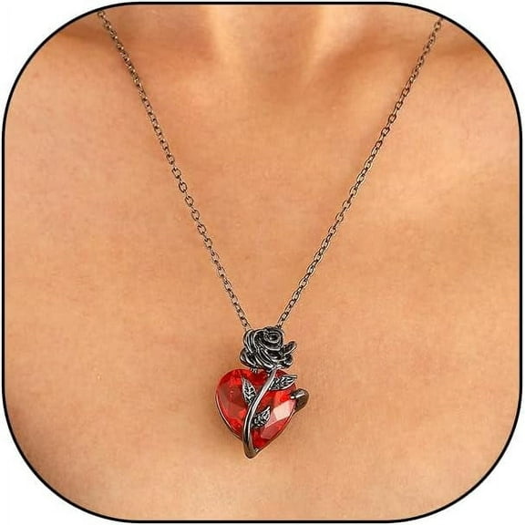 Red Heart Crystal Rose Wrapped Pendant Necklace, Gold Gothic Love Dark Collar Choker Necklace, Dainty Flower Valentine's Day Anniversary Jewelry Gift