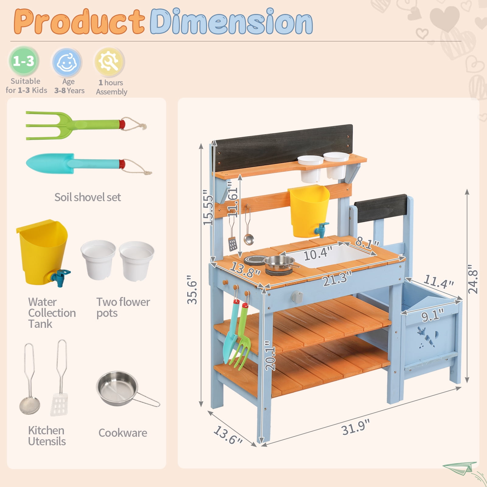 Ktaxon Outdoor Wooden Mud Kitchen for Kids with Planter Box, Sink
