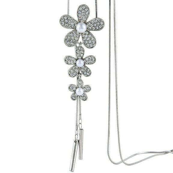 Necklaces & Pendants Chain Necklace Rhinestone Inlaid Jewelry Gift 3 Flowers Sweater Chain Long Necklace for Dating Rhinestone Alloy (Silver )