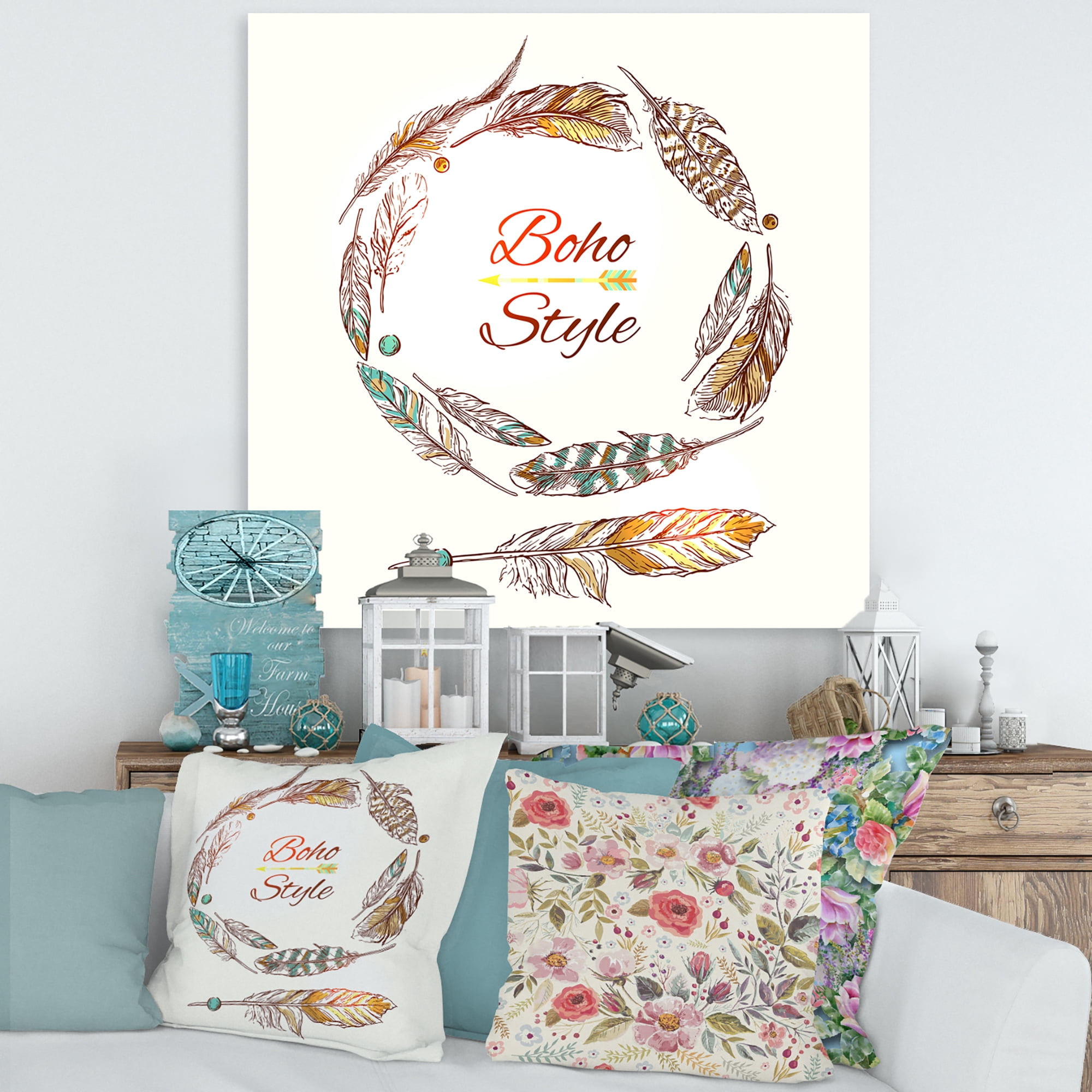 Designart ' Wreath Of Ethnic Beige Boho Feather ' Bohemian & Eclectic Canvas Wall Art Print