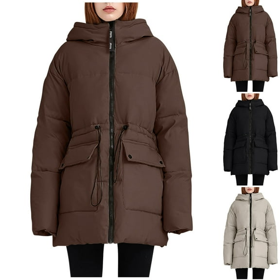 Women Winter Puffer Jacket Hooded Warm Coat Long Quilted Down Jacket Zip Up Parka Thick Insulated Outerwear