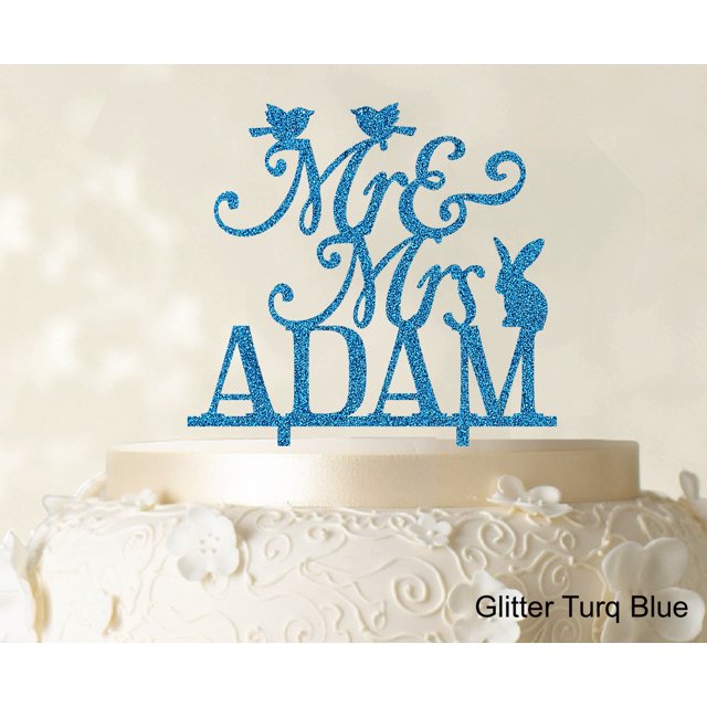 Mr And Mrs Wedding Custom Cake Topper With Birds And Rabbit Elegant Color Option Available 6-7 Inches Wide