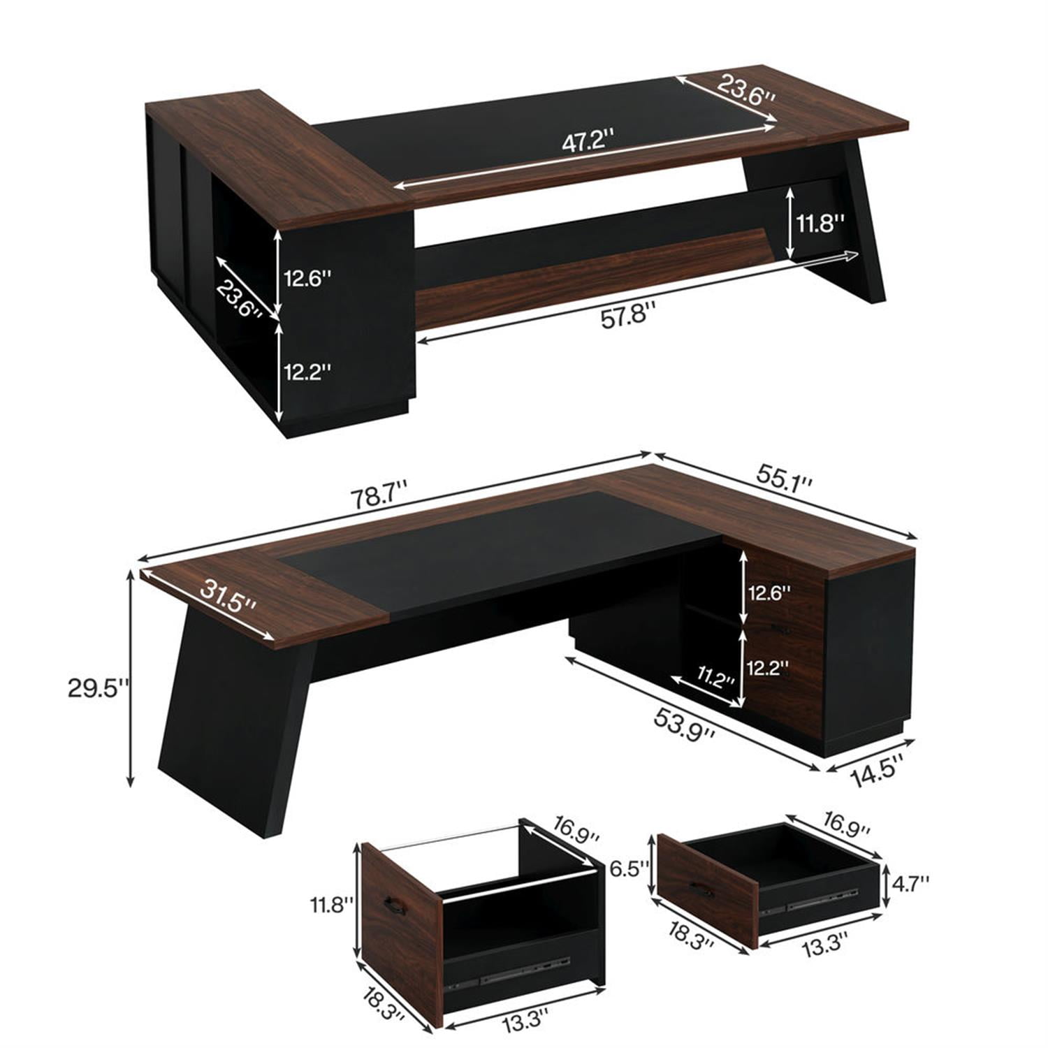 Demi Bonn L Shaped Gaming Desk, 78" Executive Desk with Drawers and Lateral File Cabinet for Home Office, Black