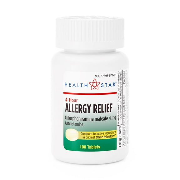 HEALTH STAR Allergy Relief 4 mg Chlorpheniramine Maleate Tablet, 100 per Bottle