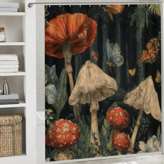 Christmas Shower Curtain, Forest Mushroom Shower Curtain with Hooks for Christmas Home Bathroom Decor Washable Curtains, 72x72 in