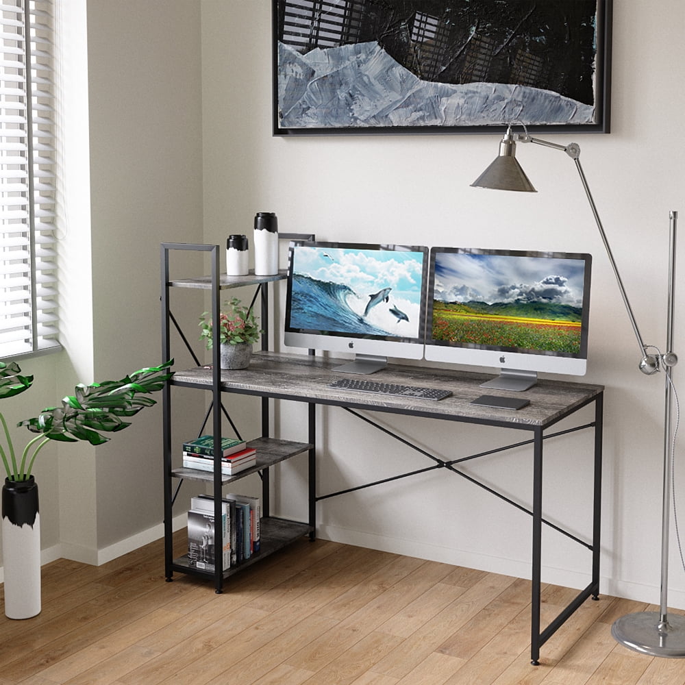 Bestier 55 Inch Computer Desk with Shelves in Gray